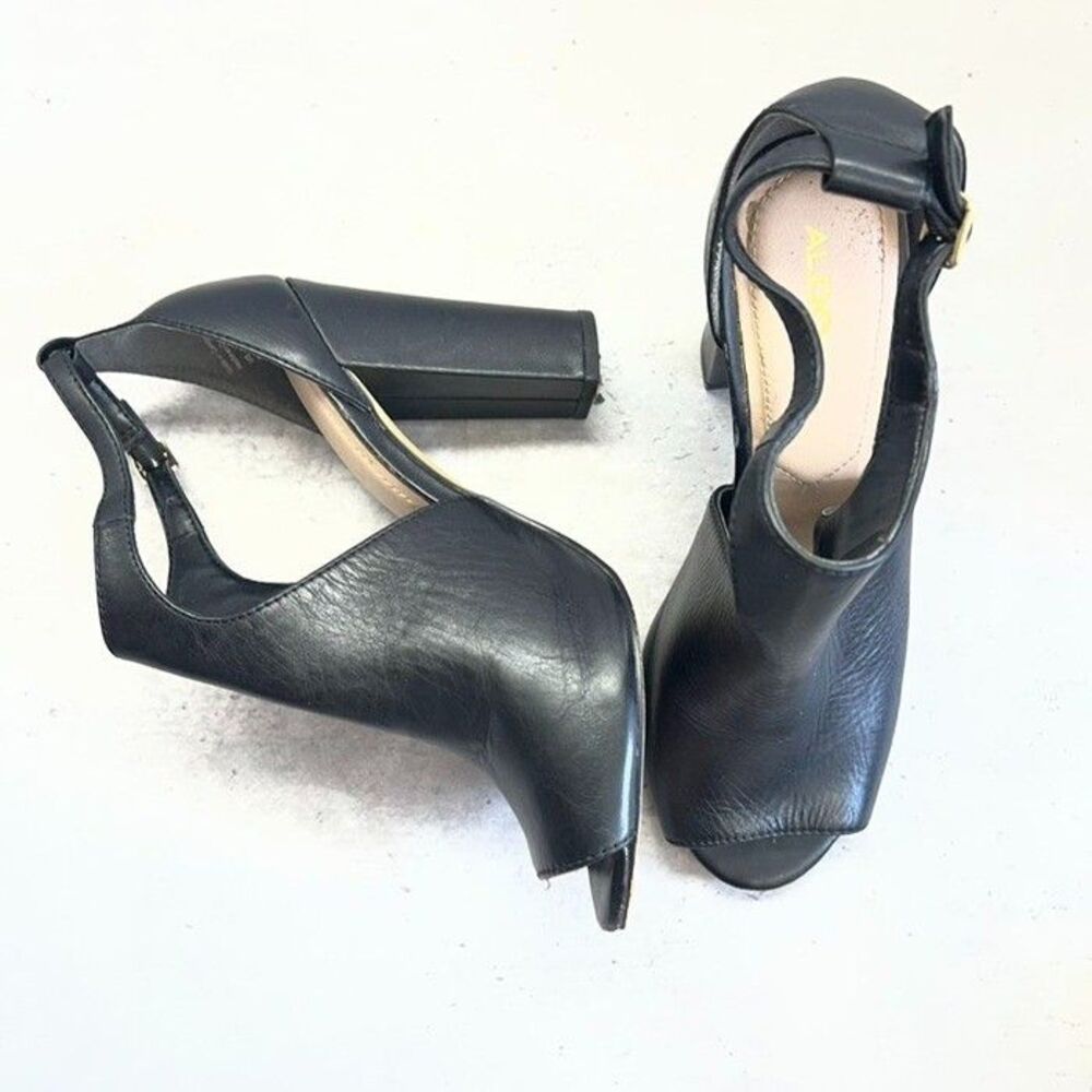 Aldo Black Faux Leather Peep Toe Ankle Strap Block High Heels Womens Size 8.5
